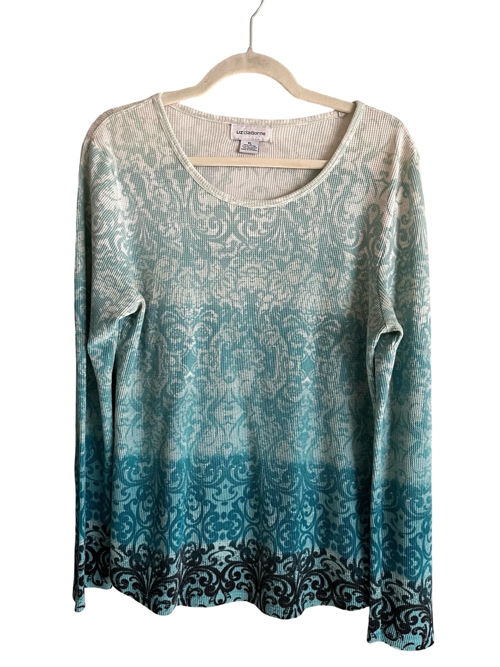 Liz Claiborne Teal Blue Ombre Damask Long Sleeve Top-Sz XL